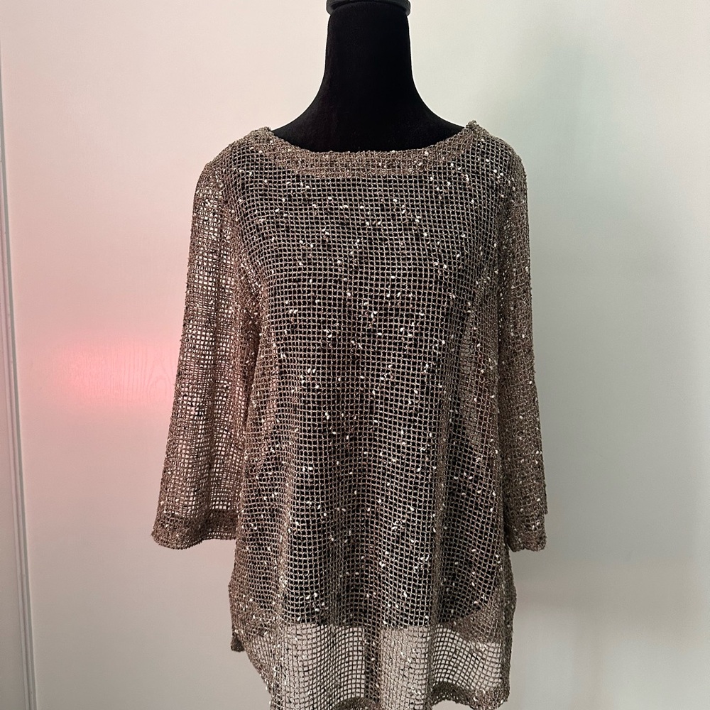 Lulu-B Bronze Sequin Mesh Top | Size‎ S | 3/4 Sleeve Shimmer Blouse